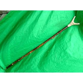 Carved Hiking Pole, Flamed Wood with 'Horn-thumb' and Spiked Ferrule.