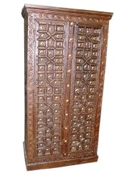 Antique Door Armoire Teak Wood Hand Carved Rustic Cabinet