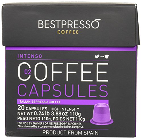 20 Bestpresso Nespresso Compatible Gourmet Coffee Capsules - Nespresso Pods Alternative: Intenso Blend Natural Espresso Flavor (High Intensity) - Certified Genuine Espresso