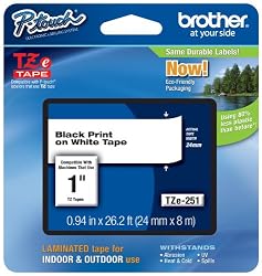 Brother Laminated Tape, Retail Packaging, 1 Inch, Black on White (TZe251) - Retail Packaging