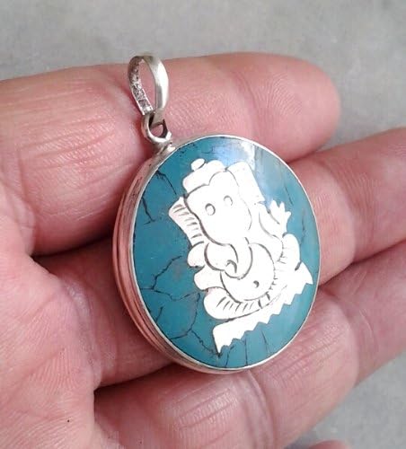 Inlayed Turquoise Ganesh Ganpati Ganesha Silver Pendant