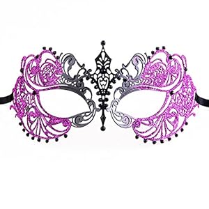 Luxury Mask Women's Laser Cut Metal Venetian Pretty Masquerade Mask, Black/Black Stones Purple Glitter, One Size