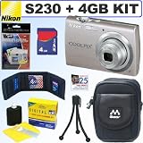 Nikon Coolpix S230 10MP Digital Camera (Warm Silver) + 4GB Accessory Kit