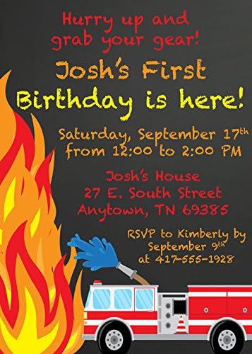 Printable Custom Chalkboard Fireman Firetruck Theme First Birthday Invitation - 1st Birthday Boy Invitation - Fire Theme Birthday Party