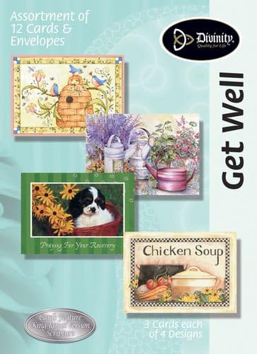 Assorted Get Well, Feel Better Soon Bulk Greeting Cards Box Set 12 Pack Assortment & 4 Designs