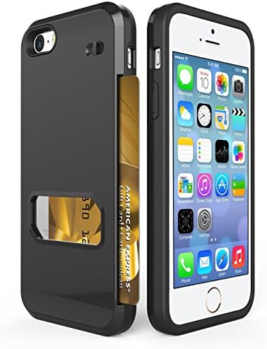 iPhone 5s Case, iPhone SE Case, Apoptech Protective Slim Fit Armor Apple iPhone 5s Wallet Case Dual Layer Shockproof Card Slot Shell Flexible Bumper + PC Cover Hybrid Case for iPhone 5 5s SE Black