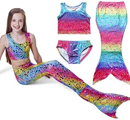 Girl's 3pcs Mermaid Sea-Maid Tankini Marmaid Swimwear Rainbow Fish scale Bikini Set (140 (7-8), rainbow)