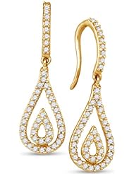 10K Yellow Gold Round Brilliant Cut Diamond - Pear Shape Halo Channel Set Dangle Earrings - (.53 cttw.)