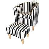 Black & White Striped Upholstered Tub Chair with Footstool