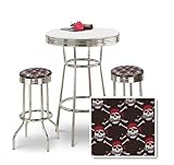 Chrome Bar Table & 2 Chrome Pirate Skull and Crossbones Fabric Seat Barstoo ....