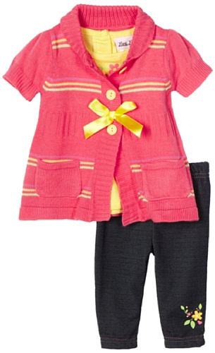 Little Lass Baby-girls Infant 3 Piece Sweater Set with Bow Capri - Coral Yellow Green - 24 Months