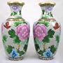 Vintage Collectible Pre-Owned Off-White Mirror Image 10-1/4" High X 5" Wide Cloisonne Vases with Peonies and Red Bird Theme