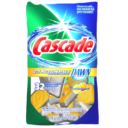 Cascade 2-in-1 Action Pacs Dishwasher Detergent, Citrus Breeze Scent, 32-count Bags (Pack of 5)