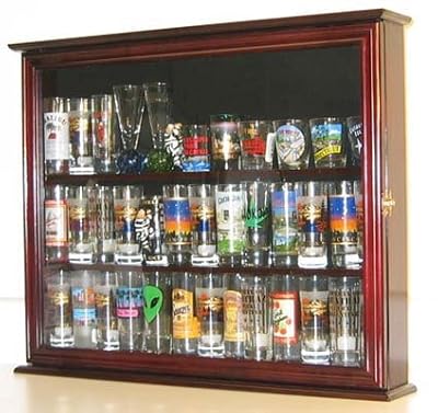 Souvenir / State / Hard Rock Shot Glass and Tall Shooter Display Case Holder Cabinet, glass door, Mahogany Finish (SC04-MA)