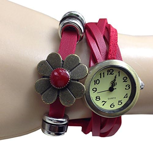 ZCtimer TM Women Retro Copper Flower Charm Bracelet Braid Wrist Quartz Watch Red
