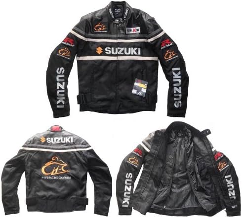 Suzuki Mens Motorcycle Jacket Water Resistance Windproof With 5 Protectors Detachable Liner Large PU+Polyester HJ001 Black