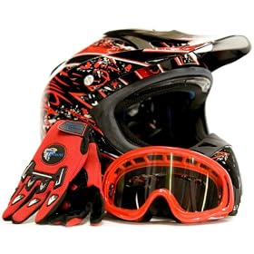 Adult Motocross Helmet Gloves & Goggles ATV Dirt Bike Motorcycle Red, Small