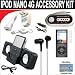 10 pc. Accessory kit for iPod Nano 4G. Includes White portable stereo speaker w/cable 3-in-1 iPod charging kit (1000mAH) Car FM Transmitter w/power cable White Mini soft Earbuds Reusable Pre-Cut Screen Protector and a DBROTH Microfiber Cleaning Cloth