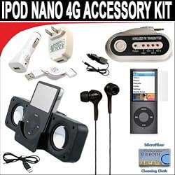 10 pc. Accessory kit for iPod Nano 4G. Includes White portable stereo speaker w/cable 3-in-1 iPod charging kit (1000mAH) Car FM Transmitter w/power cable White Mini soft Earbuds Reusable Pre-Cut Screen Protector and a DBROTH Microfiber Cleaning Cloth