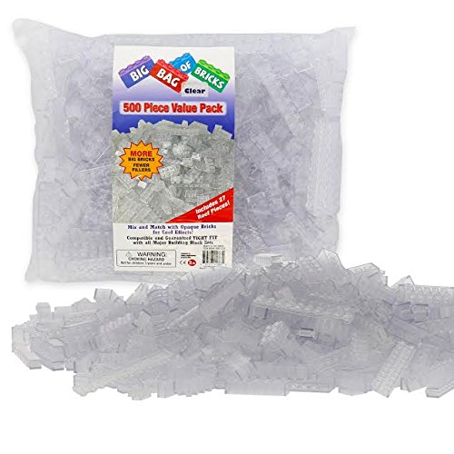Building Bricks - 500 Pc "Big Bag of Bricks" Bulk Clear Blocks with 27 Roof Pieces - Tight Fit with All Major Brands