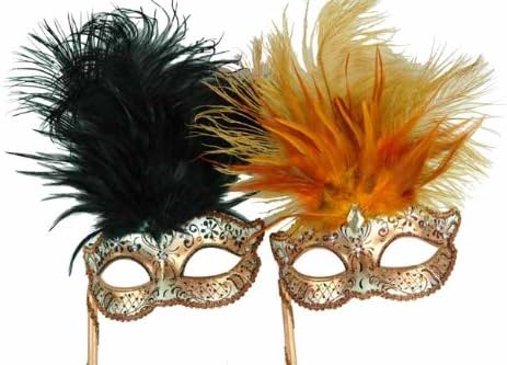 Classic Venetian Elegant Swan w/ Grand Feathers Design Laser Cut Masquerade Mask for Mardi Gras Events or Halloween - 2pc for Couples/Men/Women - Black & Orange by VintageVenetian