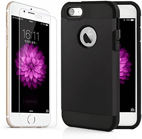 iPhone 7 Case Shockproof, Slim Anti-Scratch Protective Kit with (Tempered Glass Screen Protector)Heavy Duty Dual layer Rugged Case Non-slip Grip Protection Cover for iPhone 7-Gunmetal,Black
