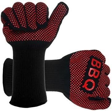 Sherrymore Barbecue Grilling Gloves Cooking Oven Mitts Heat Resistant Firm Grip 100% Cotton 14 inches for BBQ Kitchen Baking (Black &amp; Red, 1 Pair)