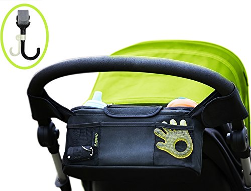 Stroller Organizer / Stroller Cup Holder With Bonus Stroller Hook- The Must-Have Stroller Accessory. Keep All Your Essentials Easy To Reach. Fits All Major Strollers. (Black)
