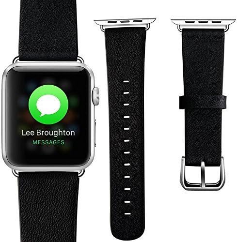 Apple Watch Band 42mm, Refo Watchband with Metal Clasp Classic Buckle Genuine Leather Strap Stainless Steel Sport (Black with Adapter 42mm)