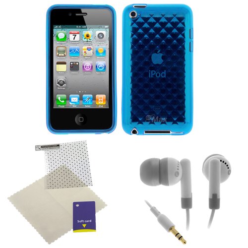 GTMax Cubic Blue Gel Cover Case + White 3.5mm Universal Soft Gel Headset + Universal LCD Screen Protector for Apple iPod Touch 4G