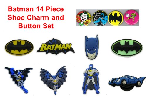 Set of 14 Super Hero Batman Buttons and Shoe Charms, Shoe Snap on Decorations, Charms, Buttons, Widgets, for Clogs, Crocs, Bracelets and More Featuring Bat Symbol, Batmobile, Batman Icon, Flying Batman and 6 Batman 1