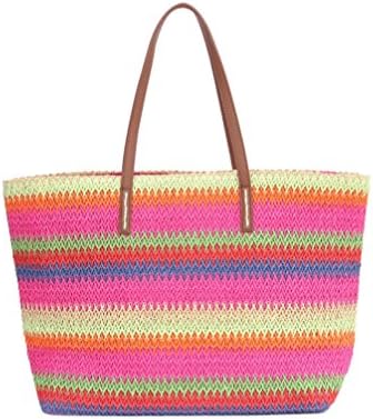 Soonyean Women Colorful Striped Straw Tote Shoulder Bag Handbag PU Handle(red)