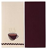 2 Pack Embroidered Kitchen Towels by Cotton Craft - 100% Pure Cotton Waffle Weave Construction - One towel is embroidered on an Ivory color base and the other towel is a coordinating solid color - Generously sized at 18x28 - Styles: Coffee, Fruits in a Bowl, Grape Cluster, Rooster, Grapes on a Vine, Apple, and Tomato - Brighten your kitchen at a clearance cost