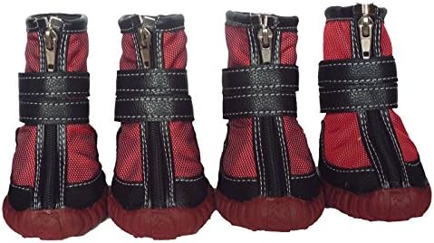 Lifeful® Dog Nonslip Waterproof Outdoor Zipper Sporty Boots, with Tongue, 2 Long Velcro Straps and Soft Lining, Set of 4, Color Red, Size L - Outer Width 2.91 Inch
