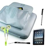 Classy Slim Silver Gray Hard Nylon Carrying Cube Cover Case with Pocket for Apple iPad WiFi / 3G 16GB 32GB 64GB + Includes a 4-inch eBigValue (TM) Determination Hand Strap + Anti-Glare Screen Protector for iPad Tablet ( All Models ) + Premium Quality Metal Stylus Styli for Apple iPad + Fashion Earbud Headset Headphones 3.5mm In-Ear Stereo ( Green )