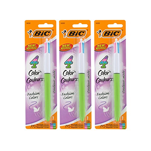 BIC 4-Color Ball Pen, Medium Point, 3 Pack, Assorted Fashion Ink (AMP11-AASST)