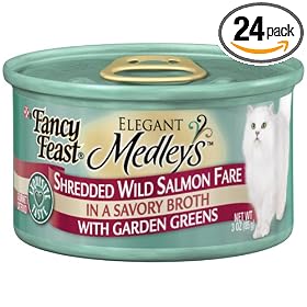 Fancy Feast Gourmet Cat Food, Shredded Wild Salmon Fare in Broth with Garden Greens, 3-Ounce Cans (Pack of 24)