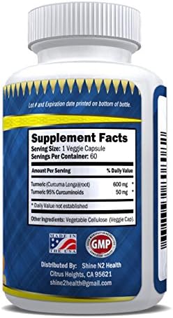 Shine N2 Health Turmeric Curcumin 95% Curcuminolds Powder 650 Mg 60 Veggie Capsules 100% Organic Dietary Supplement Made in U.S.A.