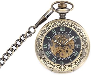 OUANGANC Copper Steampunk Pocket Watch Automatic Roman Numerals Half Hunter-Antiqued With Double Chain