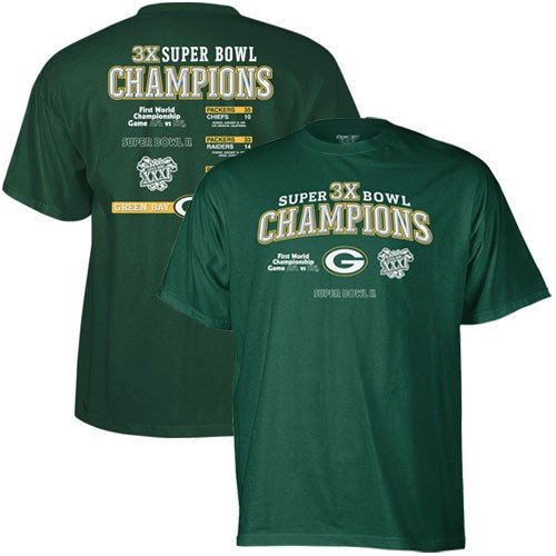 Buy Reebok Green Bay Packers Green Three-Time Superbowl Champions T-shirt by Reebok