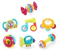 Music Party Fun 7 Piece Baby Rattle and Teether Toy Gift Set in Milk Bottle

