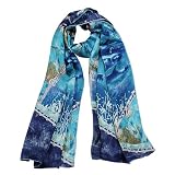 100% Satin Charmeuse Silk World Under the Sea Long Blue Scarf Shawl