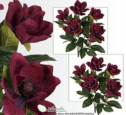 TWO 2' Magnolia Artificial Silk Flower Bushes (Burgundy) for Home, Garden and Decoration