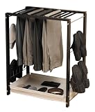 Wood Pant Rack made of Beautiful honey finished wood. Holds 12 pair pants with side racks Side holding 4pair. Features a removable basket.