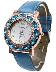 Womens Quartz Wristwatch Blue Leather Band Crystal Dial Arabic Numeral Mark