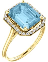10K Yellow Gold 10.00x8.00mm Emerald Cut Aquamarine and Diamond Halo-Style Ring -- LIFETIME WARRANTY