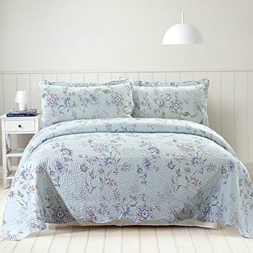 FT Home Fashion Mint Blue Floral Print 100% Cotton Quilted Coverlet Set, King Size