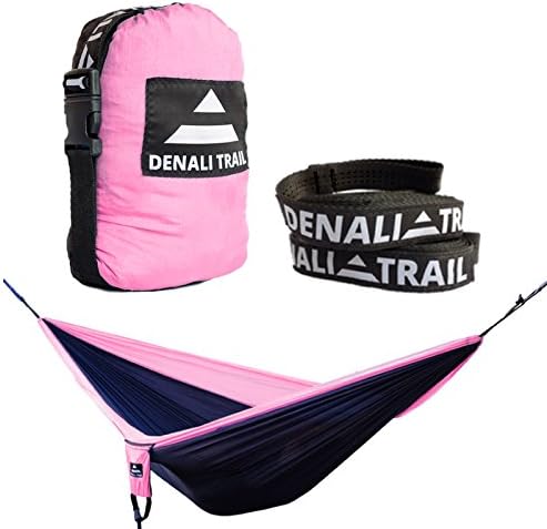 Denali Trail Ultralight Double Hammock with FREE Tree Straps. Best hammock for backpacking, travel, camping and backyard. (Pink and Black)