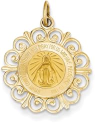 14k Yellow Gold Mary Mother of God Miraculous Medal Charm.