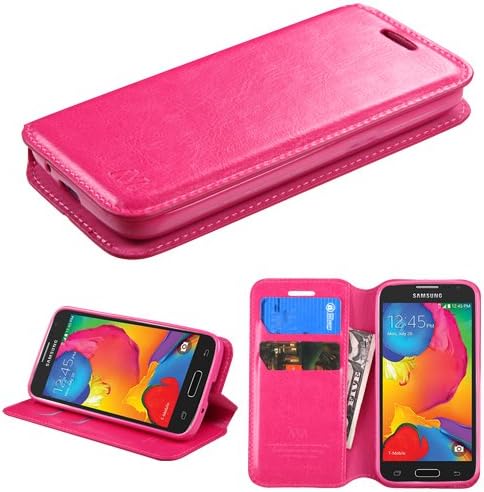 For SAMSUNG G386T Galaxy Avant. Leather Flip Wallet Book Style Pouch Folio Case Cover Stand with Credit Card Slots Tray & Disinfecting Alcohol Pad V|3 (Hot Pink)